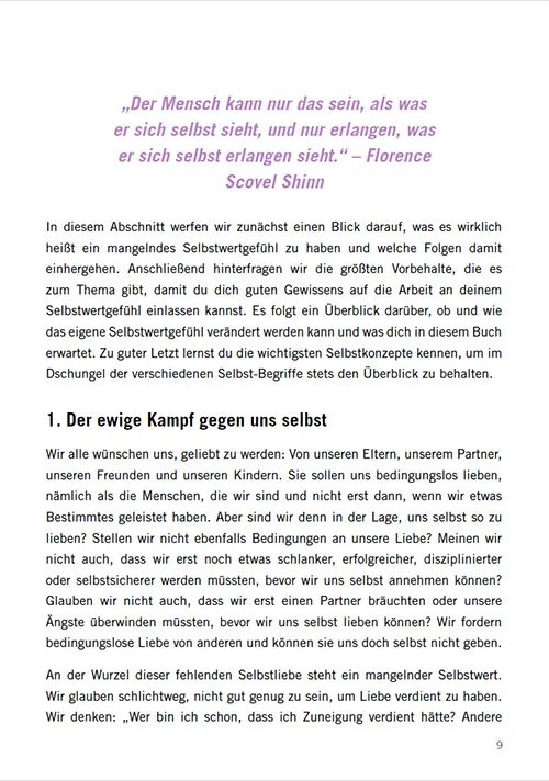 Buchseite mit Florenz-Scovell-Shinn-Zitat und Textabschnitt über Selbstwertgefühl und innere Kritiker