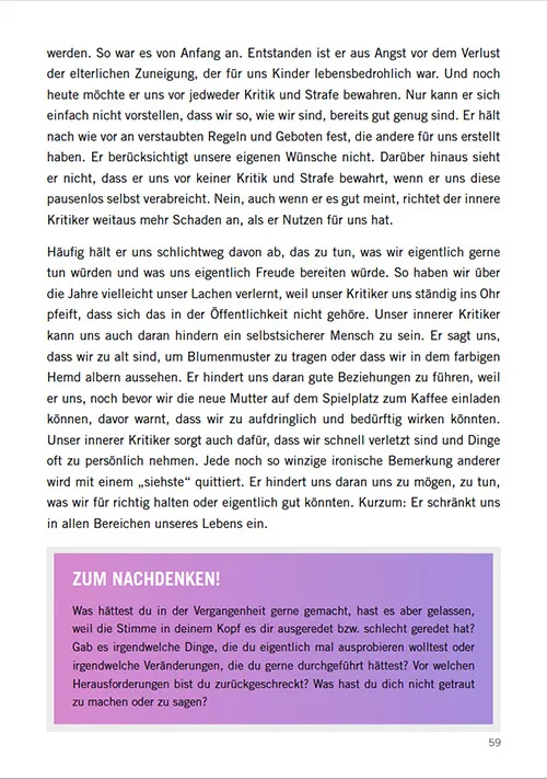 Buchseite 59 mit Textpassage und lila Kasten zum Nachdenken über innere Kritik