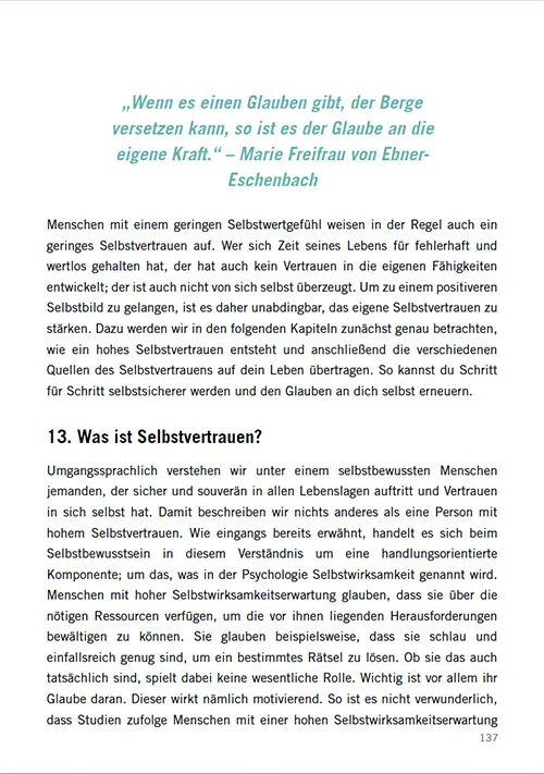 Buchseite 137 mit Kapitel 13 über Selbstvertrauen und Zitat von Marie Freifrau von Ebner-Eschenbach