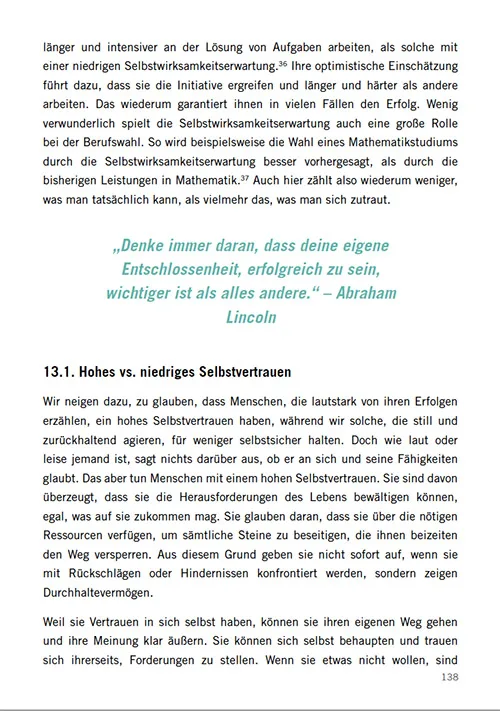 Buchseite 138 mit Textabschnitt zum Selbstvertrauen und Zitat von Abraham Lincoln