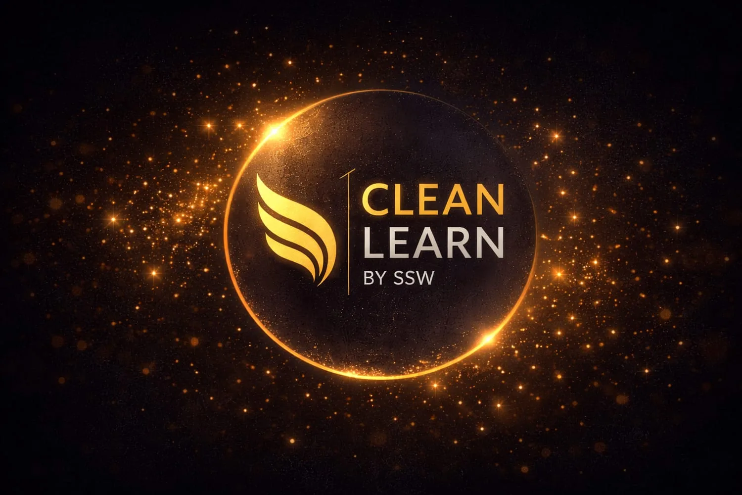 CleanLearn Logo mit Feder-Symbol und vertikaler Trennlinie, umgeben von goldenem Glittereffekt