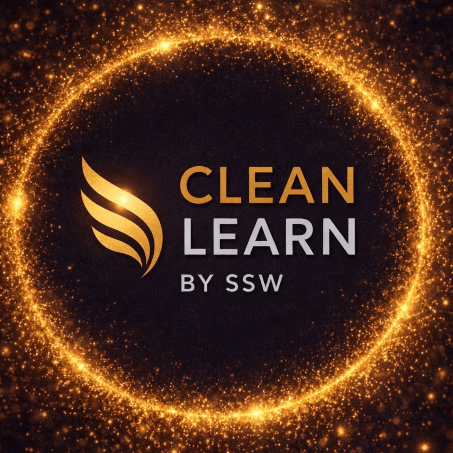 CleanLearn Logo mit goldenem Feder-Symbol, Text und leuchtender Glitterkreis auf schwarzem Grund