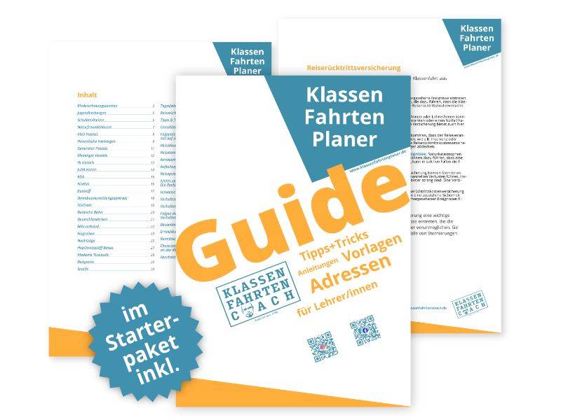 Mockup zeigt Guide und Starterpaket für KlassenfahrtenPlaner mit Inhalt und Tipps