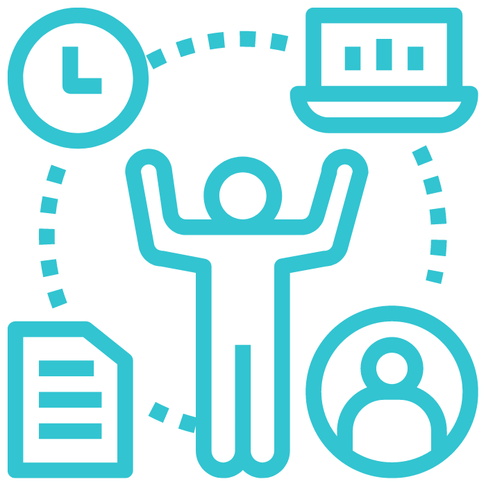 Icon zeigt Person mit erhobenen Armen umgeben von Symbolen für Zeit, Laptop, Dokument und Kontakt