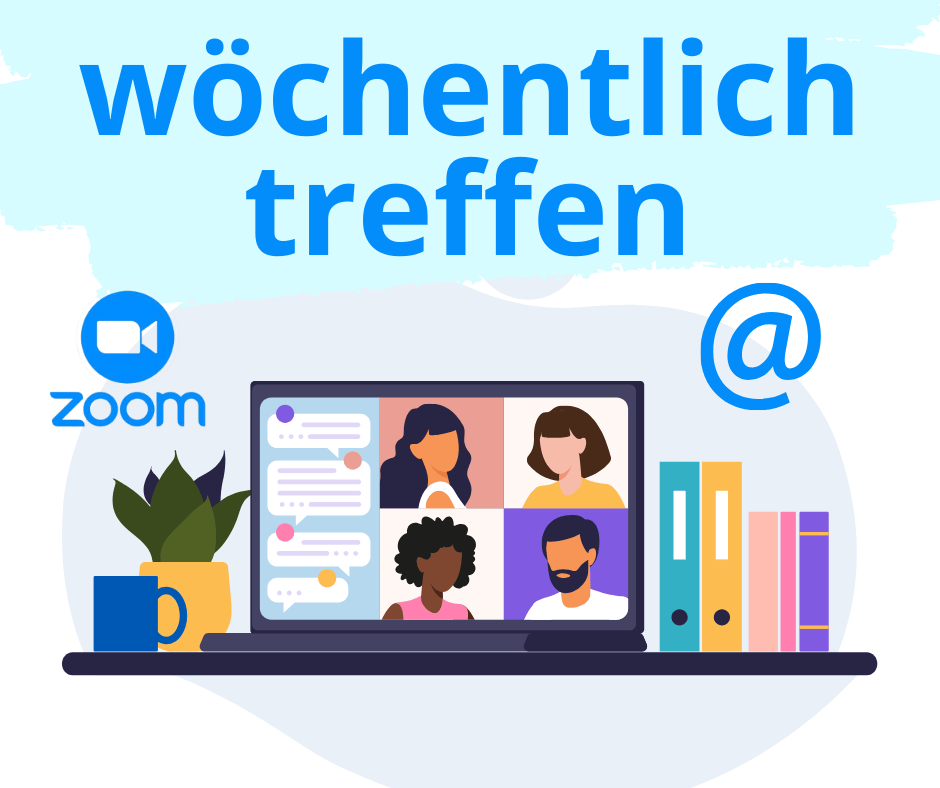 Grafik mit Laptop-Bildschirm, Zoom-Icon, E-Mail-Symbol und Text wöchentlich treffen