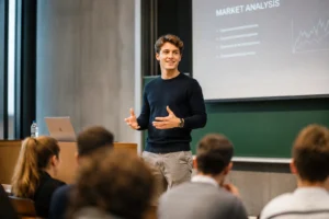 Junger Mann präsentiert Marktanalyse vor Publikum im Hörsaal