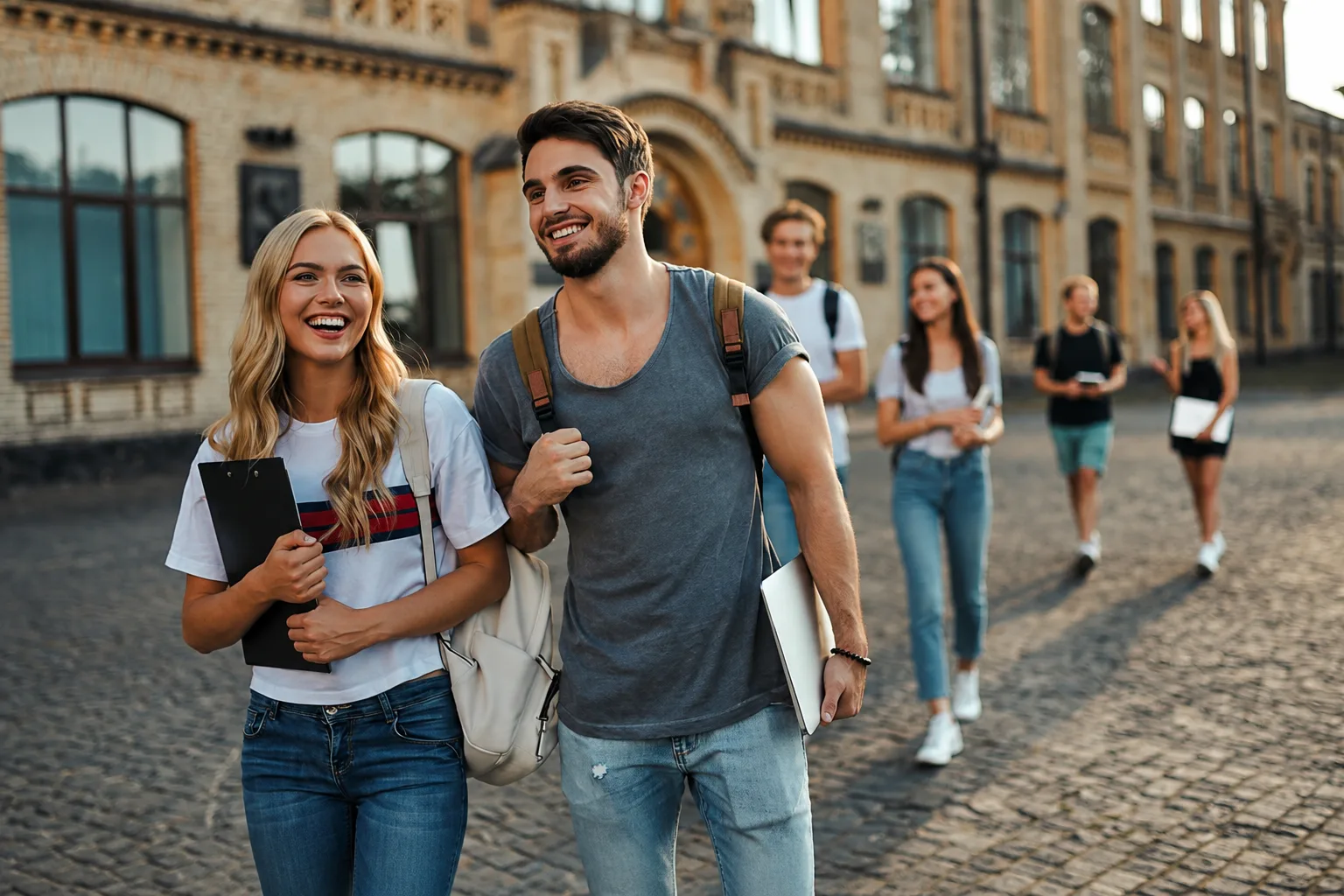 Startklar! – Mentale Stärke für Studium & Berufseinstieg 8 Lachende Studenten mit Unterlagen gehen entspannt durch alte Innenstadtkulisse