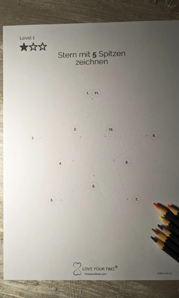 Zeichenanleitung Level 1 mit nummerierten Punkten zum Zeichnen eines fünfzackigen Sterns