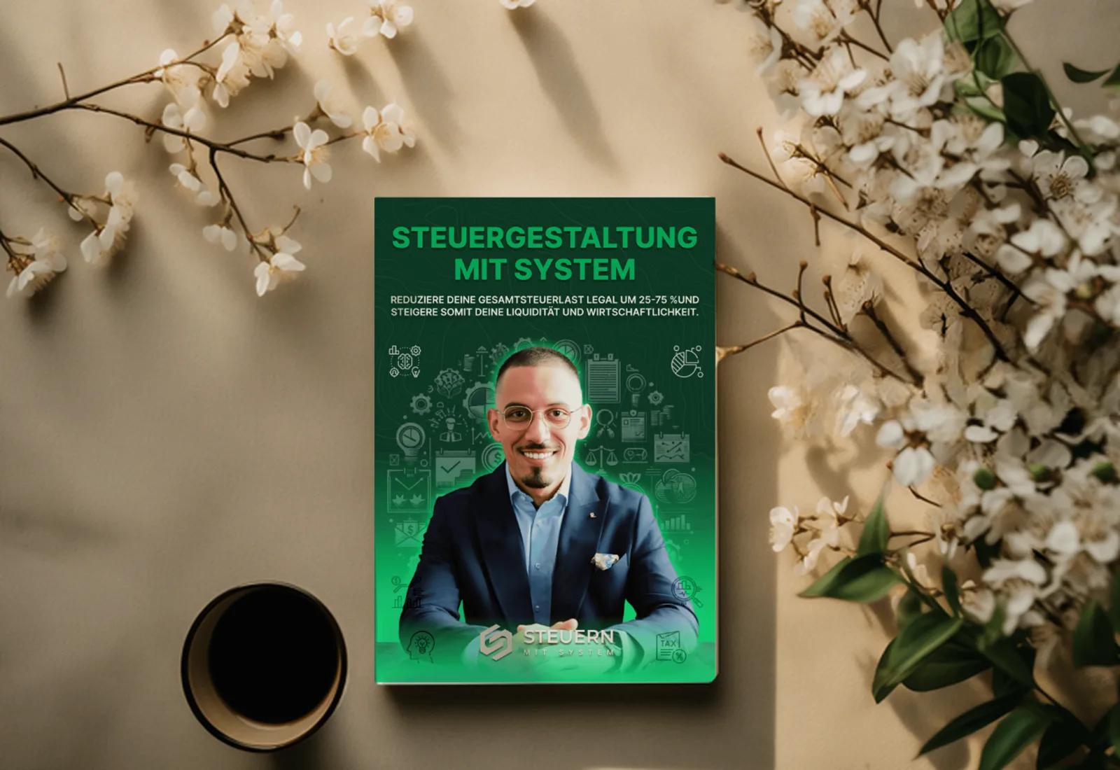 Buch-Cover Steuergestaltung mit System in Szene mit Blumen und Kaffee auf beigem Hintergrund