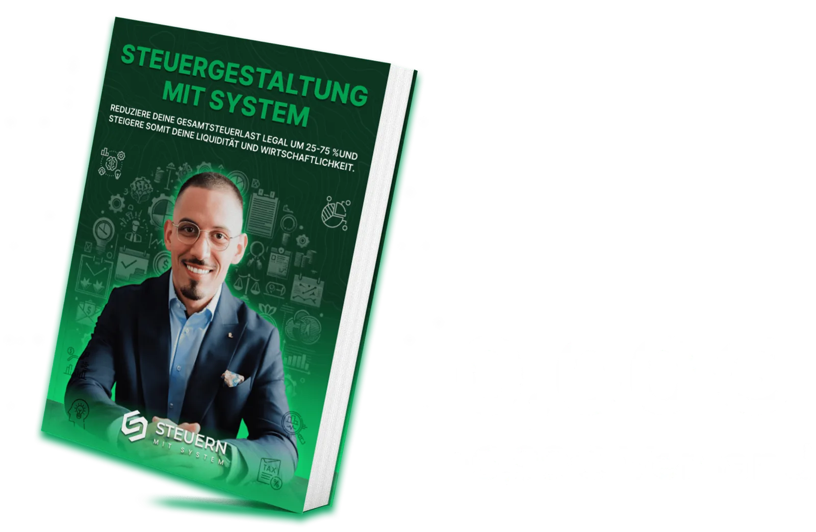 Buch-Cover Steuergestaltung mit System mit Portrait eines Mannes in Anzug und Brille vor grünem Hintergrund