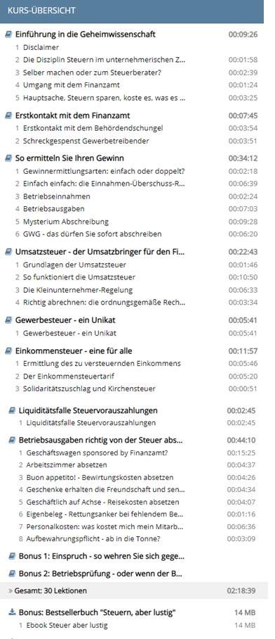 Kursübersicht Crashkurs Steuern für Selbstständige Lektionen und Inhalte