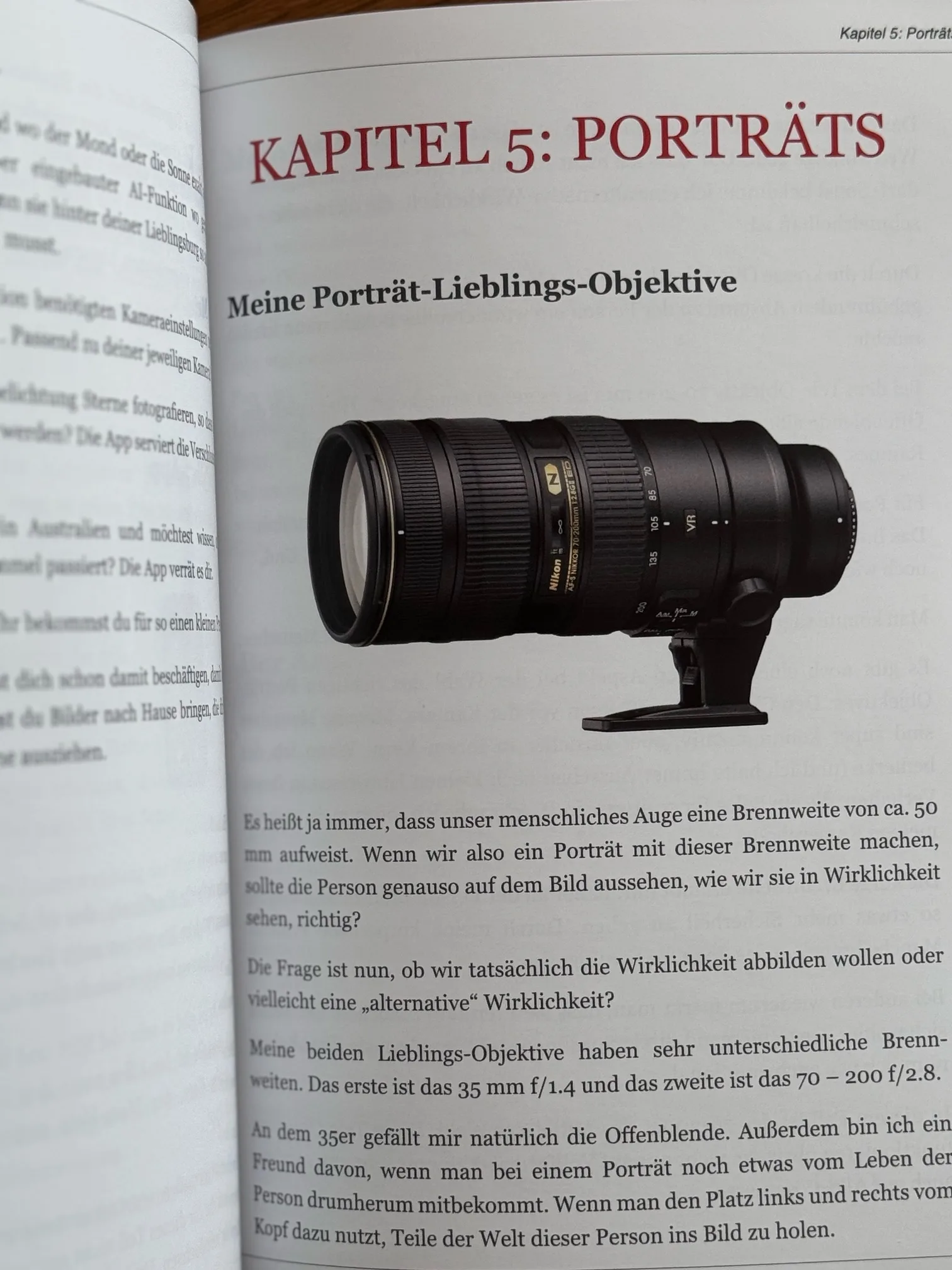 Buchseite mit Kapitel 5 Porträts, Überschrift Meine Porträt-Lieblings-Objektive, Foto eines Kameraobjektivs