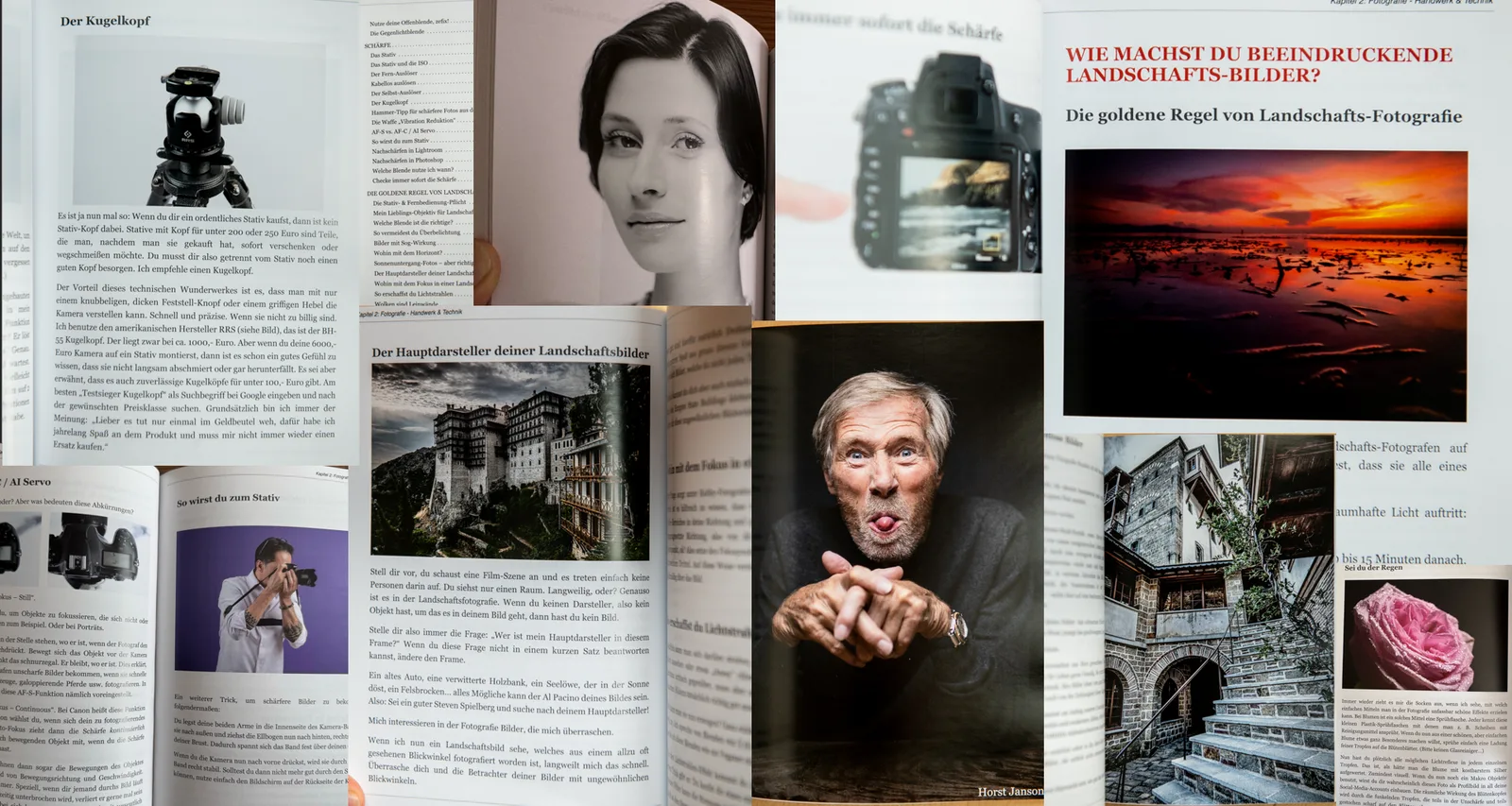 Collage aus Buchseiten mit Kameraausrüstung, Porträts und Landschaftsfotografien