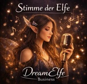 Cover Stimme der Elfe von DreamElfe Business mit Frau mit Elfenohren am goldenen Vintage-Mikrofon