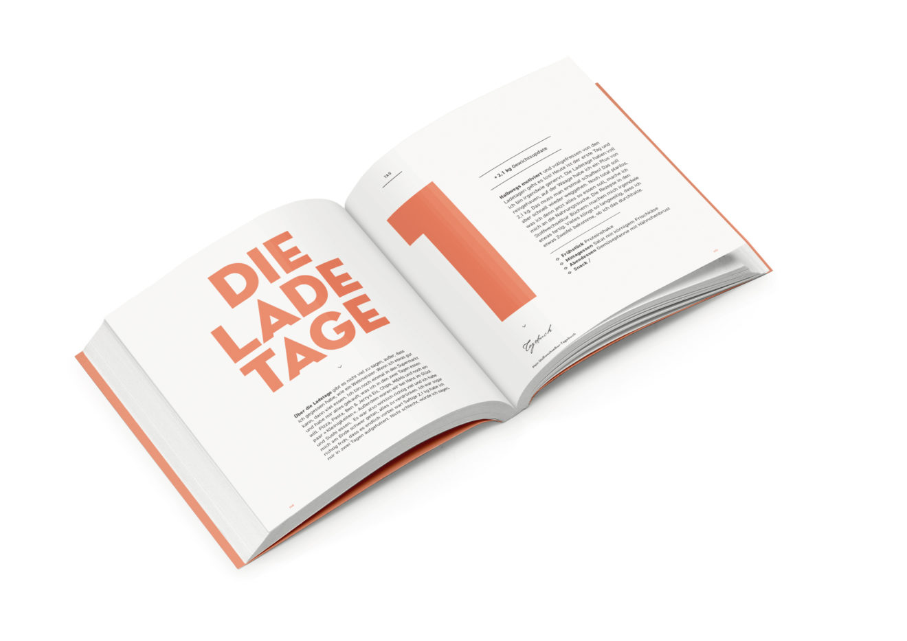 Aufgeschlagenes Buch mit orangefarbener Überschrift und rotem Balken auf rechter Seite