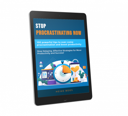 E-Book-Cover Stop Procrastinating Now auf Tablet-Display, Autor Heiko Boos