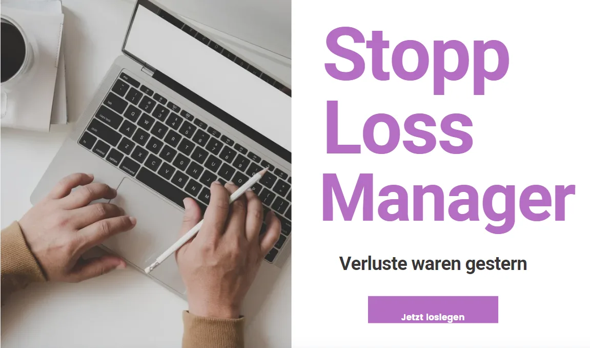 Hero-Bild zum Stopp Loss Manager mit Laptop, Hände auf Tastatur und großer violetter Überschrift