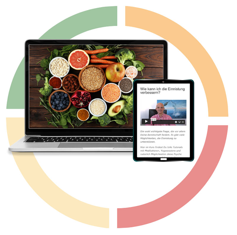 Ernährungskurs Mockup mit Laptop, Tablet und farbigen Kreisdiagramm sowie Lebensmitteln