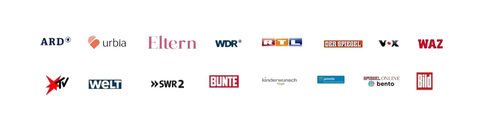 Logo-Sammlung: ARD, Urbia, Eltern, WDR, RTL, Spiegel, Vox, WAZ, Star TV, Welt, SWR2, Bunte, Kinderwunsch, Jameda, Spiegel Onl