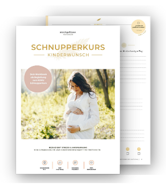 Schnupperkurs Kinderwunsch Blatt mit schwangerer Frau im Grünen und Infografiken