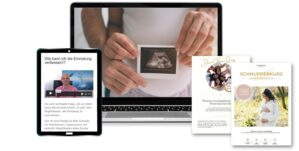 Mockup des storchgeflüster Kinderwunsch Schnupperkurs mit Tablet, Laptop und Flyer