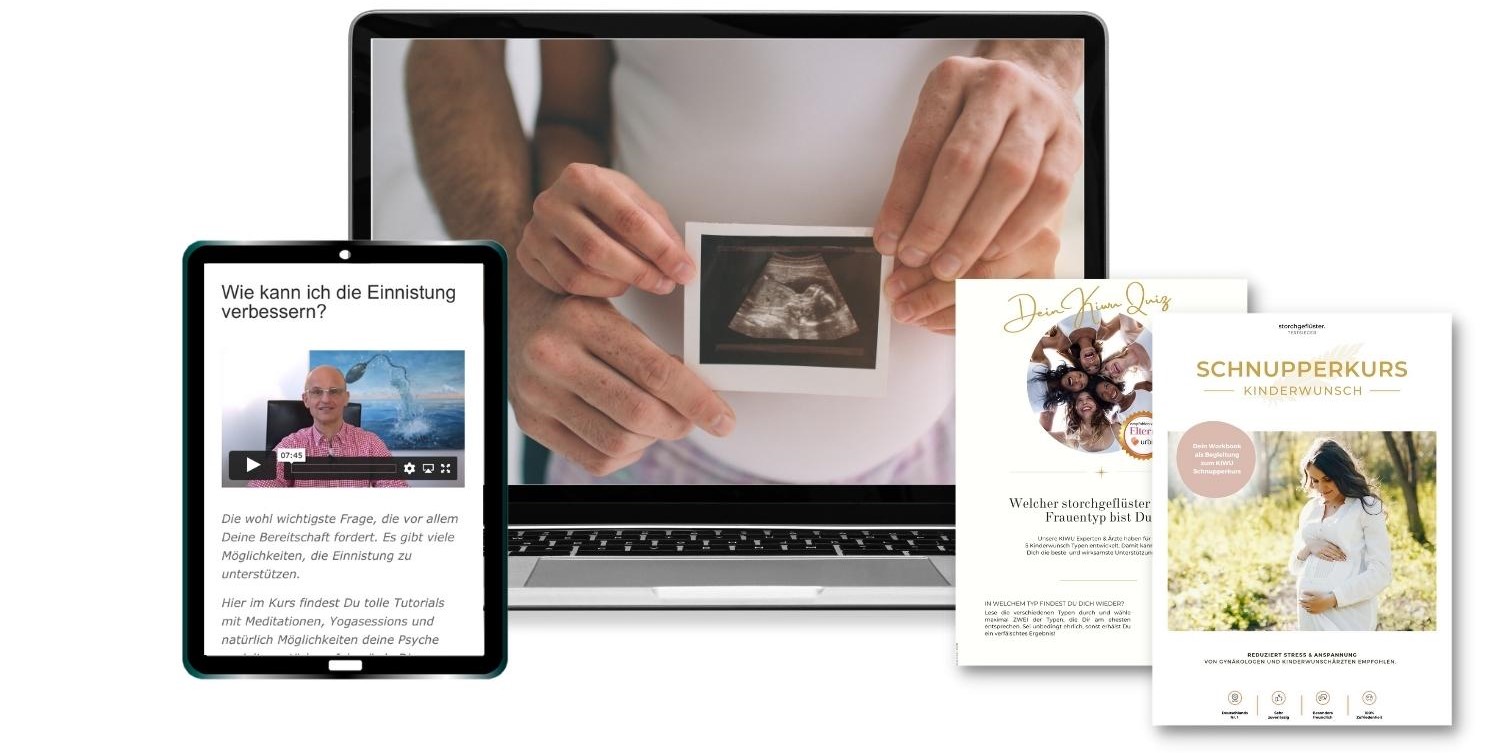 Mockup des storchgeflüster Kinderwunsch Schnupperkurs mit Tablet, Laptop und Flyer