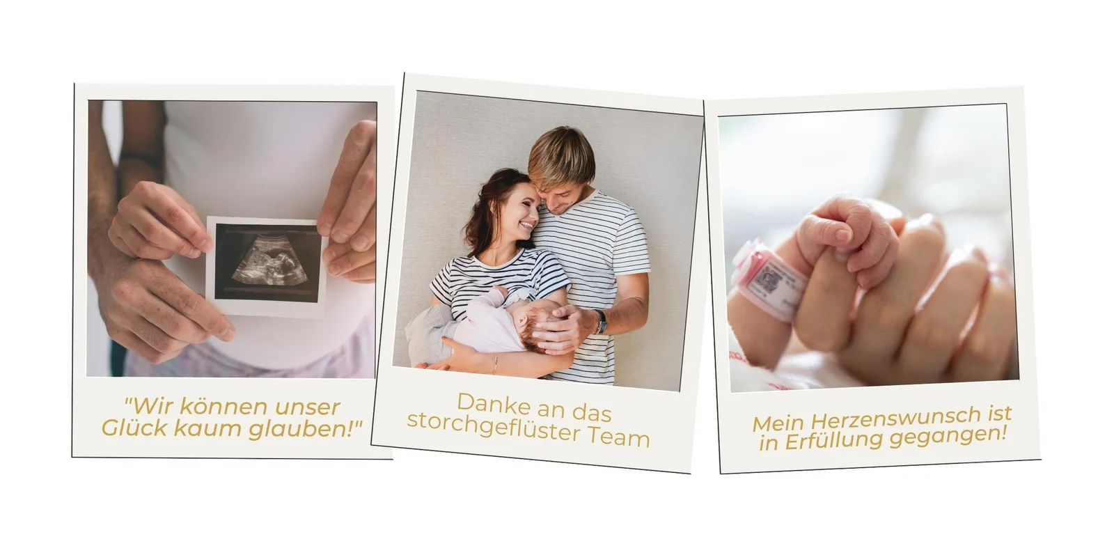 Drei Polaroid-Fotos mit Erfolgsgeschichten: Ultraschall, Paar mit Baby, Schwangerschaftstest mit goldenem Text