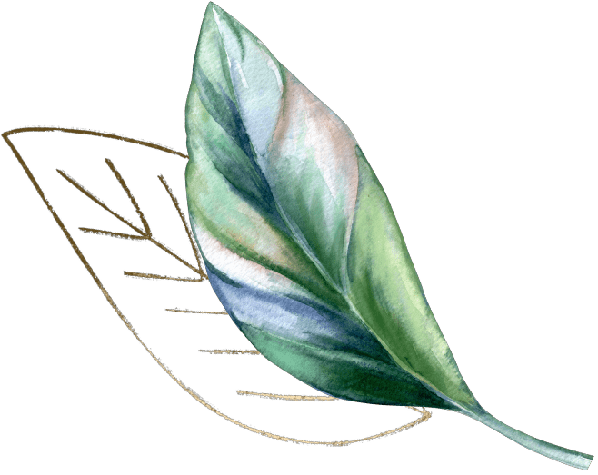 Aquarell-Illustration eines grün-blauen Blattes mit zartem Strich-Blatt daneben