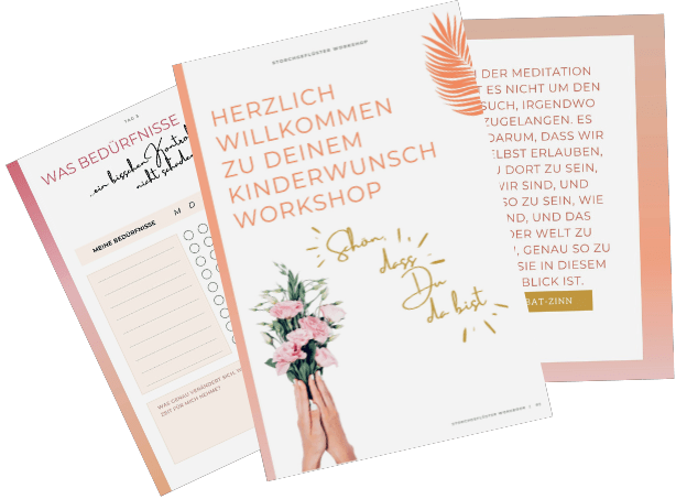 Kurs-Materialien des Kinderwunsch-Workshops: Workbook, Welcome-Seite und Meditationstext-Karte mit Blumendeko