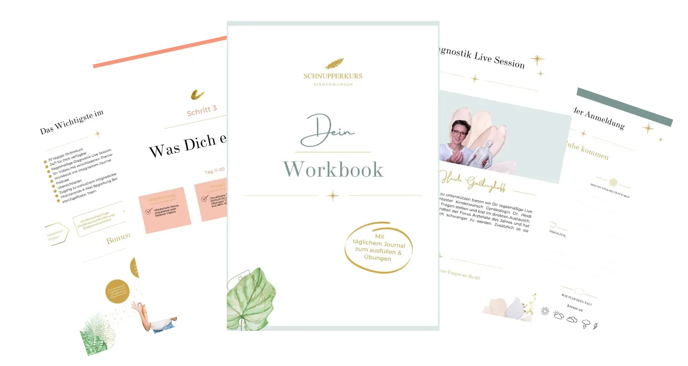 Mockup des Schnupperkurs-Workbooks mit mehreren Seiten und Begleitmaterialien zum Kinderwunsch-Yogakurs