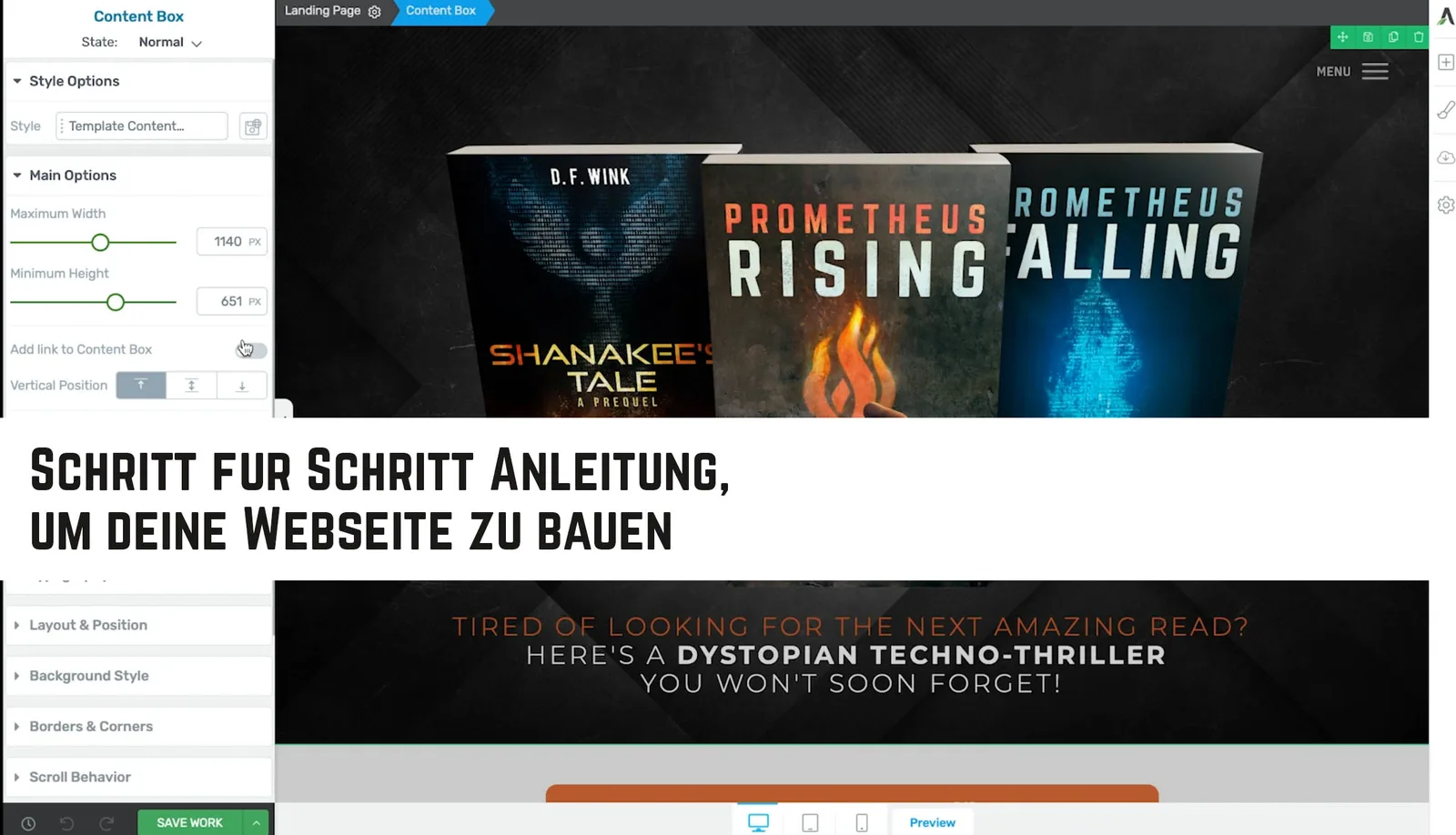 Screenshot einer Website-Bauanleitung mit Buchcover-Display und Marketing-Text für Techno-Thriller