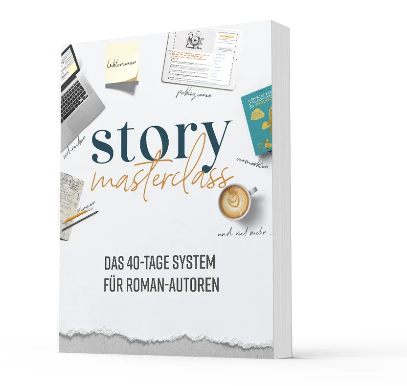 3D-Buchcover-Mockup der Story Masterclass auf weißem Hintergrund mit Kaffee und Schreibtisch-Accessoires