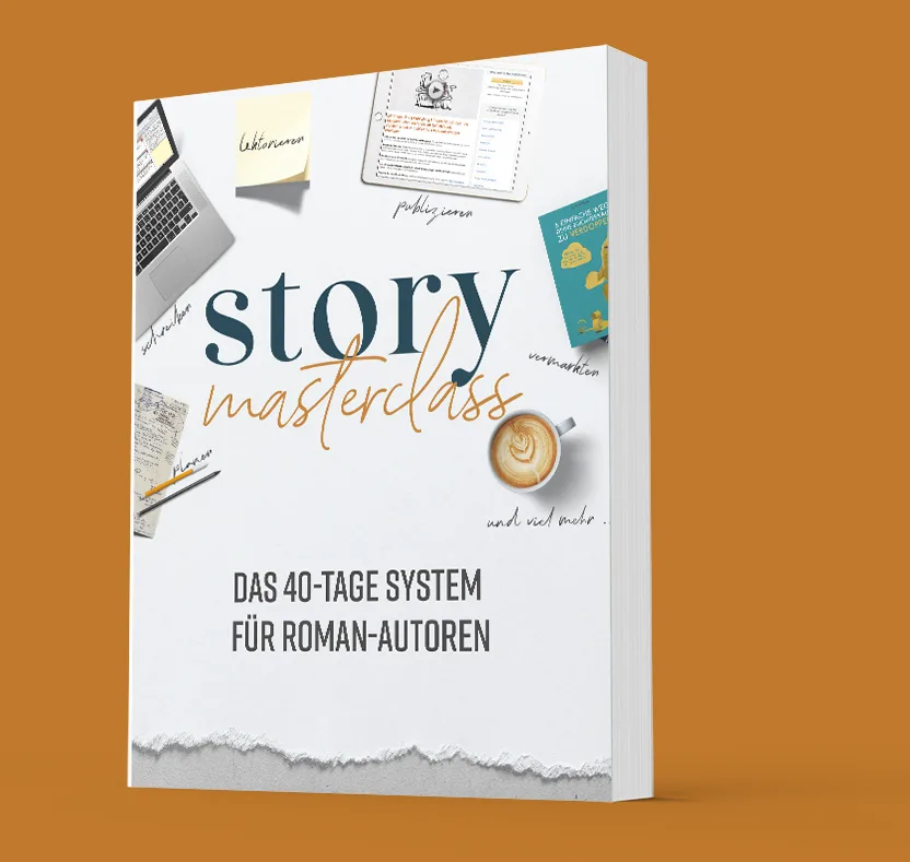 3D-Buchcover-Mockup der Story Masterclass auf orange-goldenem Hintergrund, perspektivische Ansicht