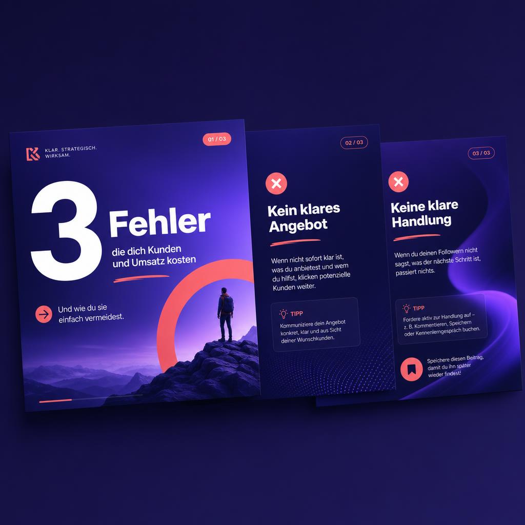 Carousel-Post mit 3 Slides, Fehlerthemen und Tipps im Klar-Design