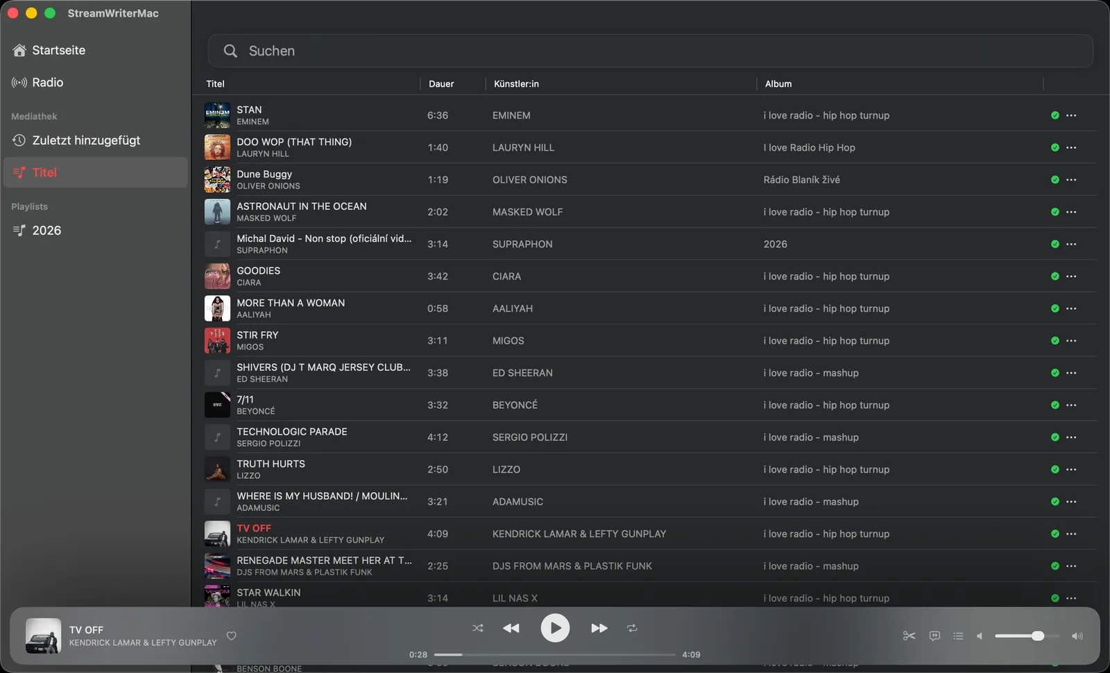 StreamWriter Studio Mediathek – aufgenommene Radio-Songs am Mac