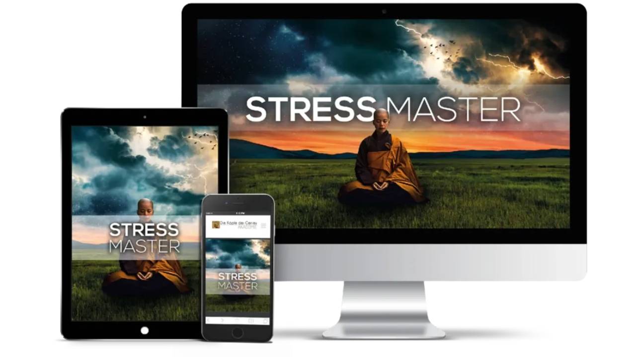 Stress Master – Videokurs für innere Ruhe von Maxim Mankevich 2 Stress Master Kurs auf mehreren Geräten: Desktop, Tablet und Smartphone mit meditierendem Mönch im Sonnenuntergang