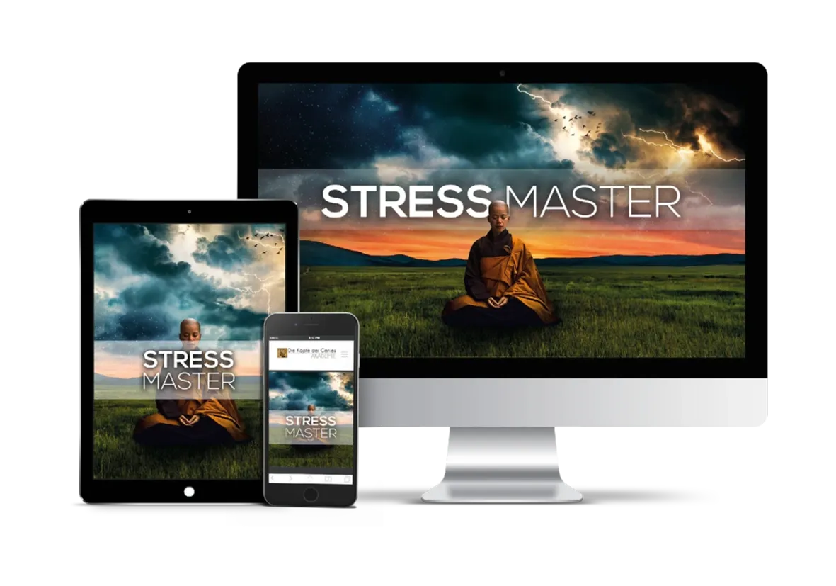 Stress Master – Videokurs für innere Ruhe von Maxim Mankevich 10 Stress Master Kurs auf Desktop, Tablet und Smartphone mit meditierendem Mönch im Sonnenuntergang