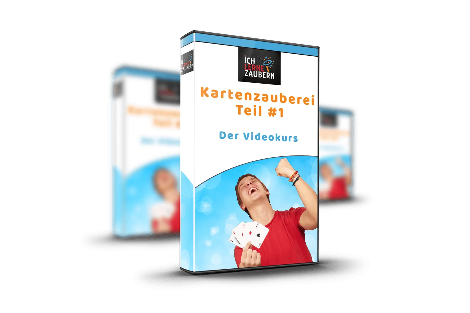 3D-Produktmockup Kartenzauberei Teil 1 mit junger Person in rotem Shirt und Karten