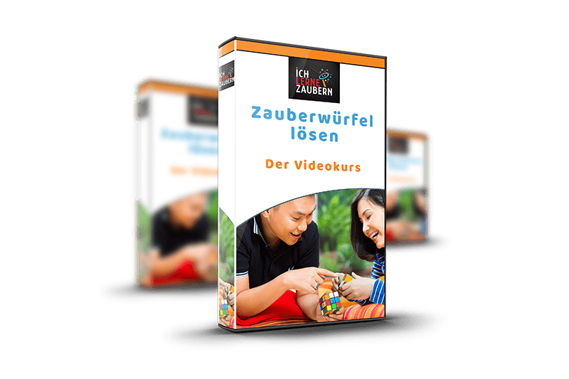 3D-Produktmockup Zauberwürfel lösen Videokurs mit zwei Personen und Rubik's Cube