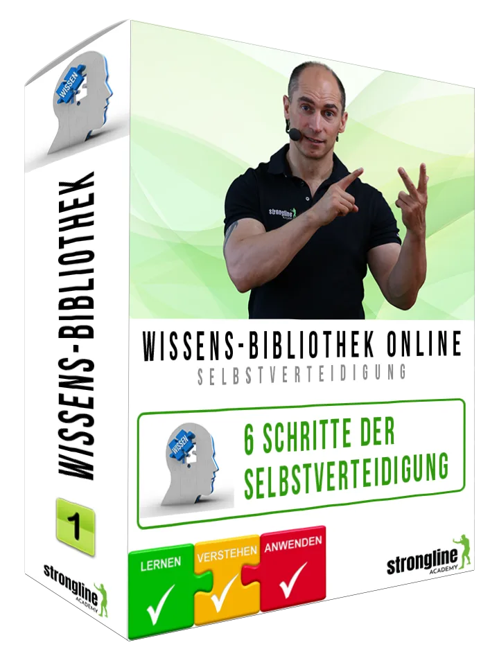 Wissens-Bibliothek Bonus 6 Schritte der Selbstverteidigung mit Trainer und grünem Hintergrund