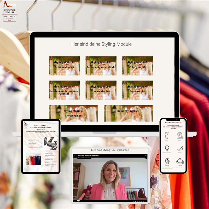Mockup des Style Identity Videokurses mit Überblick der Styling-Module auf verschiedenen Geräten