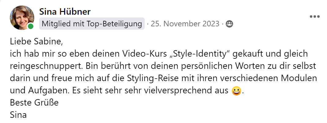 Kundenstimme von Sina Hübner über Video-Kurs Style-Identity und Styling-Module