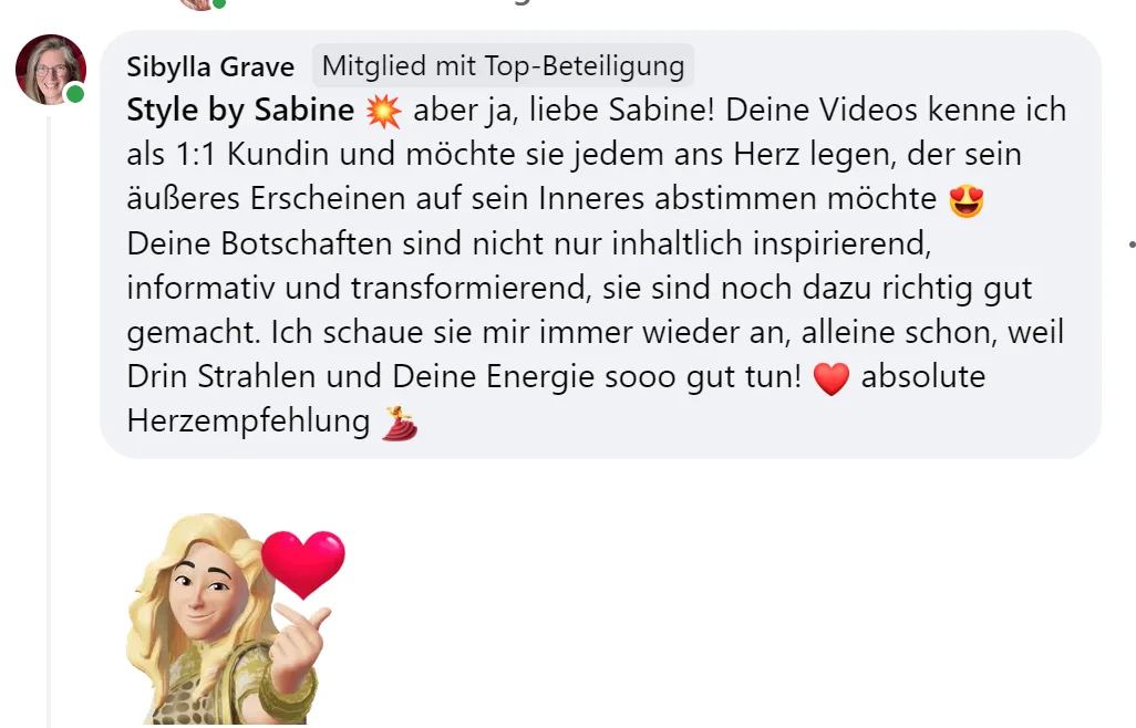 LinkedIn-Testimonial von Sibylla Grave über Style by Sabine Videokurse mit Herz-Emoji