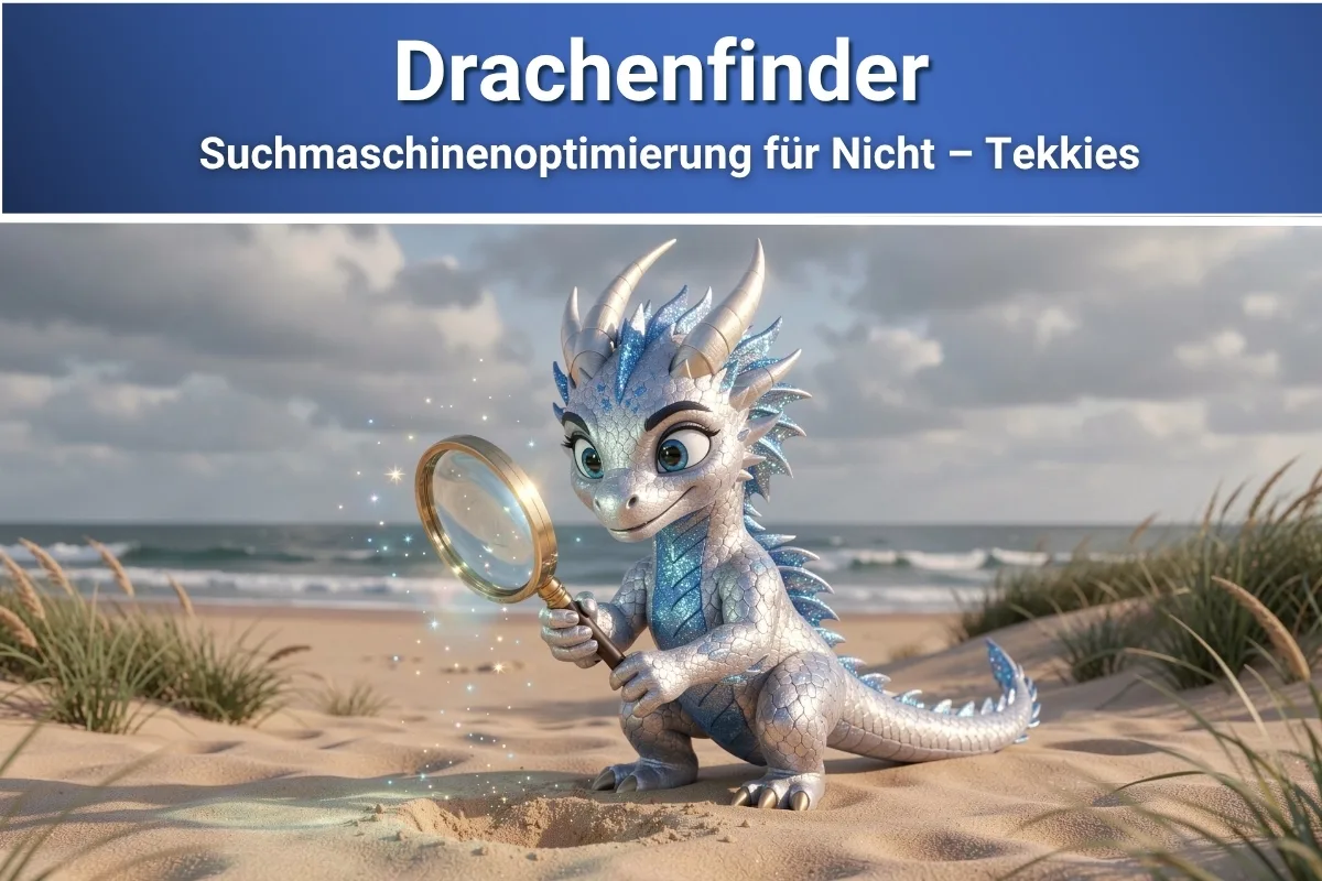 Drachenfinder-Maskottchen mit Lupe am Strand, Suchmaschinenoptimierung für Nicht-Tekkies