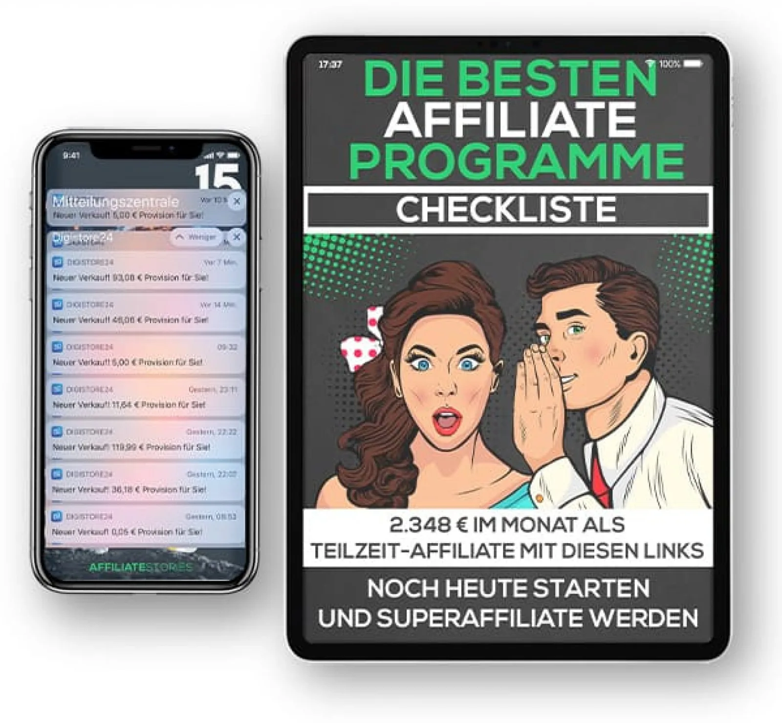 Smartphone und Tablet mit Pop-Art Illustration und Checkliste, beste Affiliate Programme