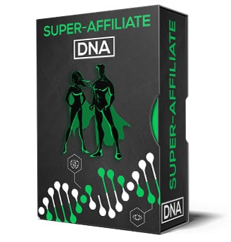 Super-Affiliate DNA Produktbox mit grünem DNA-Helix-Design und zwei Superhelden-Figuren