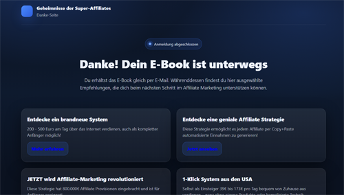 Dankesseite mit Bestätigung des E-Book-Downloads und Affiliate-Marketing-Benefits