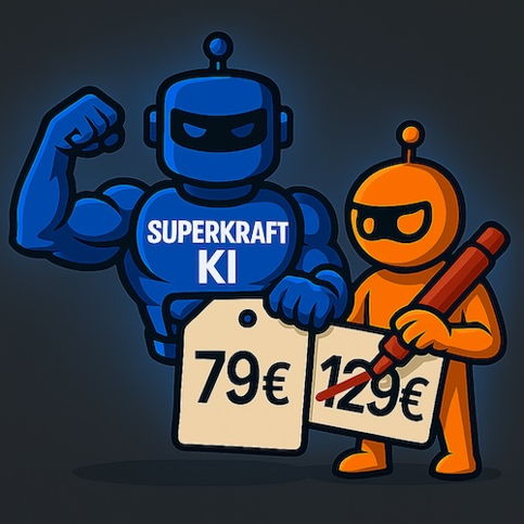 Cartoon-Roboter in Blau mit Muskel-Icon und oranges Roboter-Maskottchen halten Schilder mit Preisen 79€ und 129€