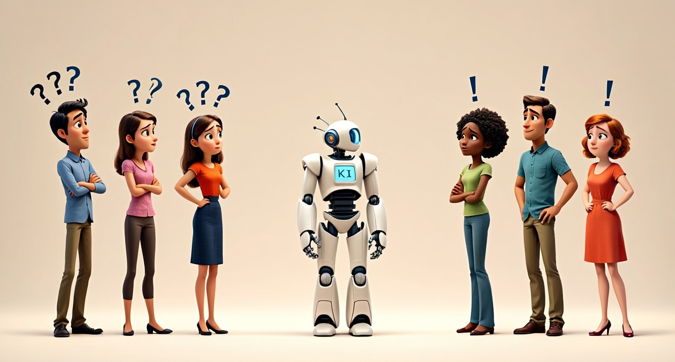 Illustration von drei verwirten Personen links und drei begeisterten Personen rechts mit KI-Roboter in der Mitte