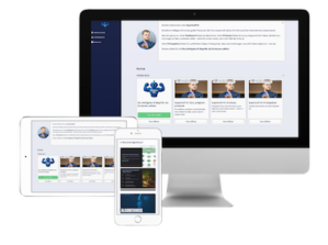 Mockup des Videokurses auf Desktop, Tablet und Smartphone mit Profilbild und Kursinhalte